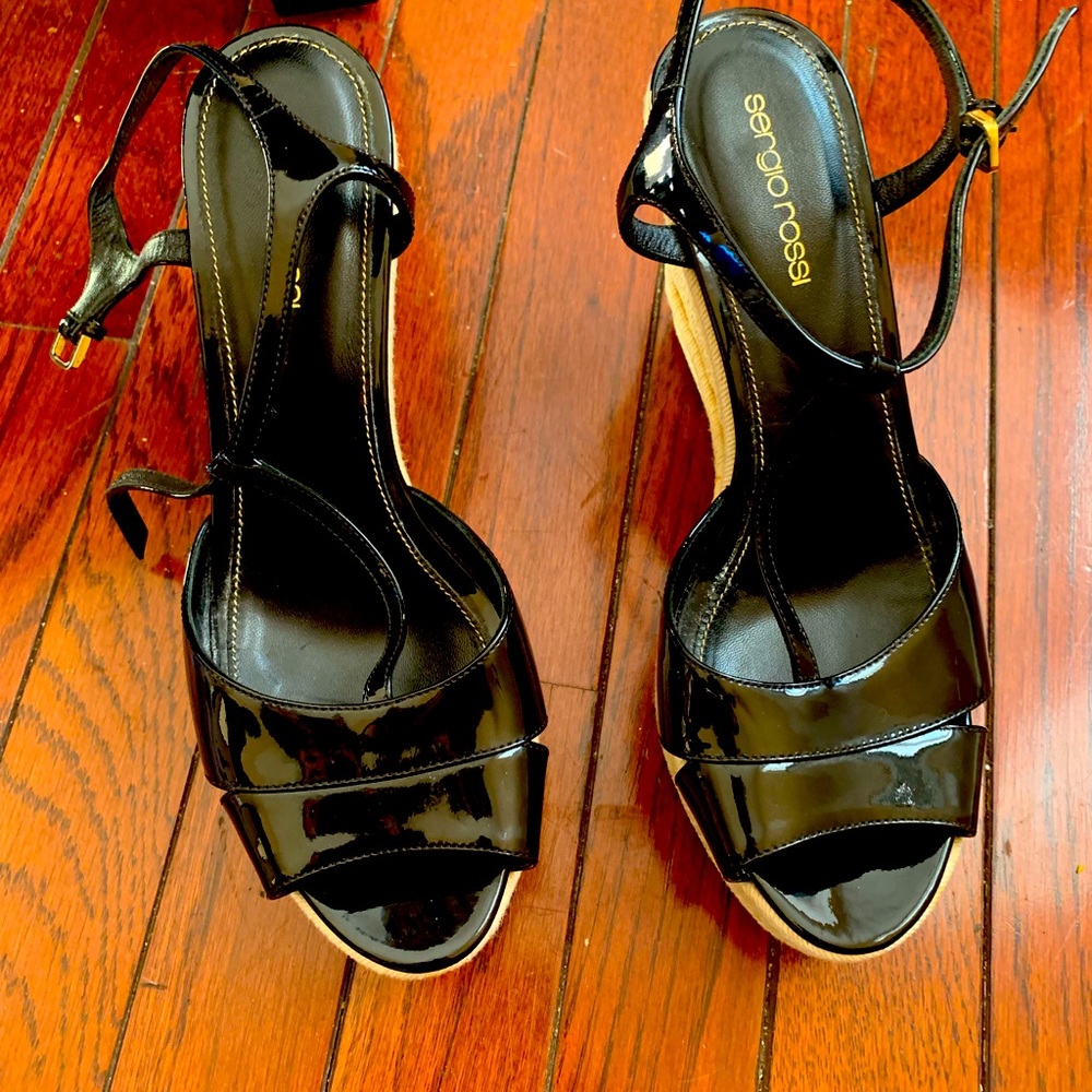 Sergio Rossi Black wedge sandals with  Lattice Straps.